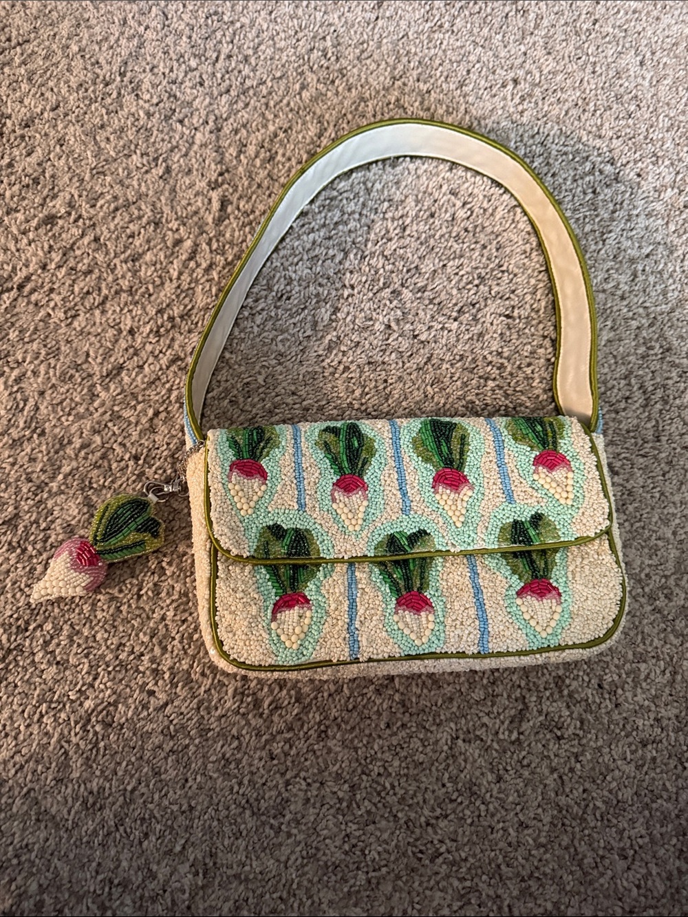 Beaded Radish Pattern Shoulder Bag in Cream and Green